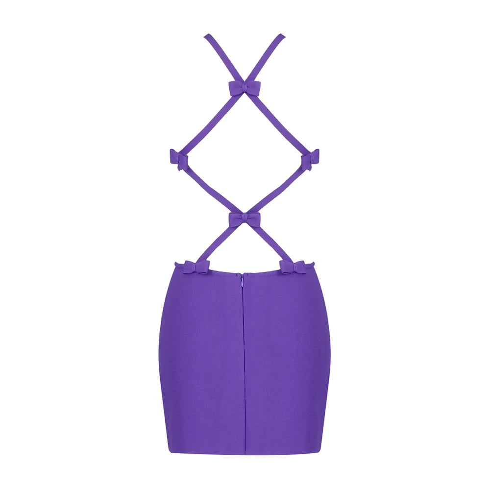 Purple Color Women Sexy Halter Bodycon Mini Dress Rayon Bandage Fashion Backless Nightclub Party Celebrate Outfit Vestido