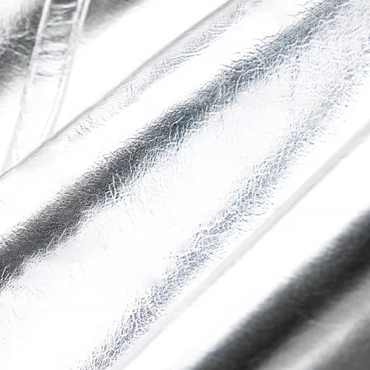 Lautaro-Women's Shiny Patent Faux Leather Jacket with Raglan Long Sleeve, Luxury Designer Clothing, Spring, Autumn, Silver, Y2K