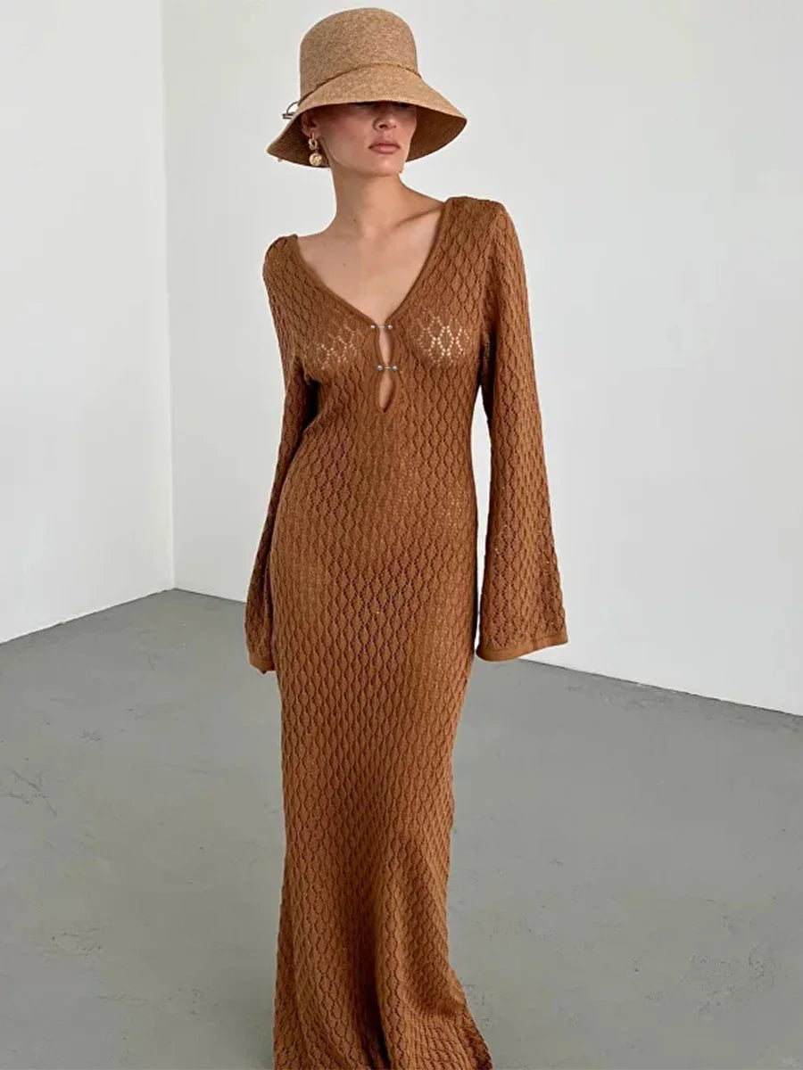Sexy Women Long Knit Beach Dress Hollow-Out Deep V-Neck Long Sleeve Bikini Cover-Ups Dress Fall Backless Holiday Dress Brown