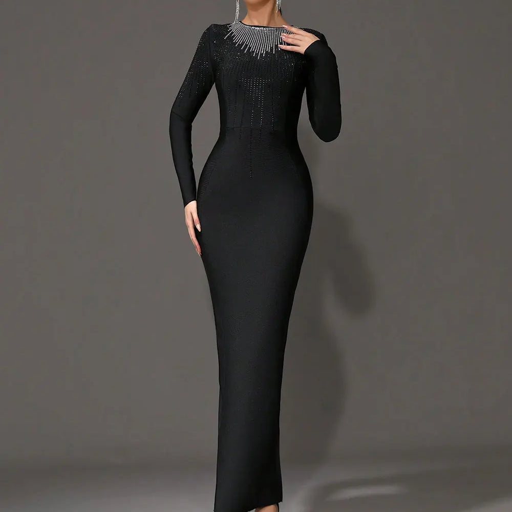 2025 Elegant Women's Light Luxury Hot Diamond Bandage Dress O-neck Long Sleeve Bodycon Black Long Dress Evening Party Vestidos