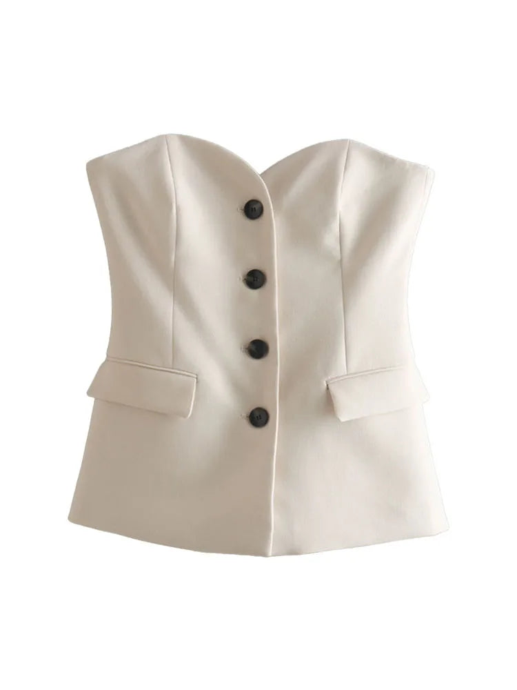 ZATRHMBM 2022 New Fashion Vintage Clothes For Lady Sleeveless Button Underwear Style Vest Patch Pocket White Crop Top Female Photo Color 2