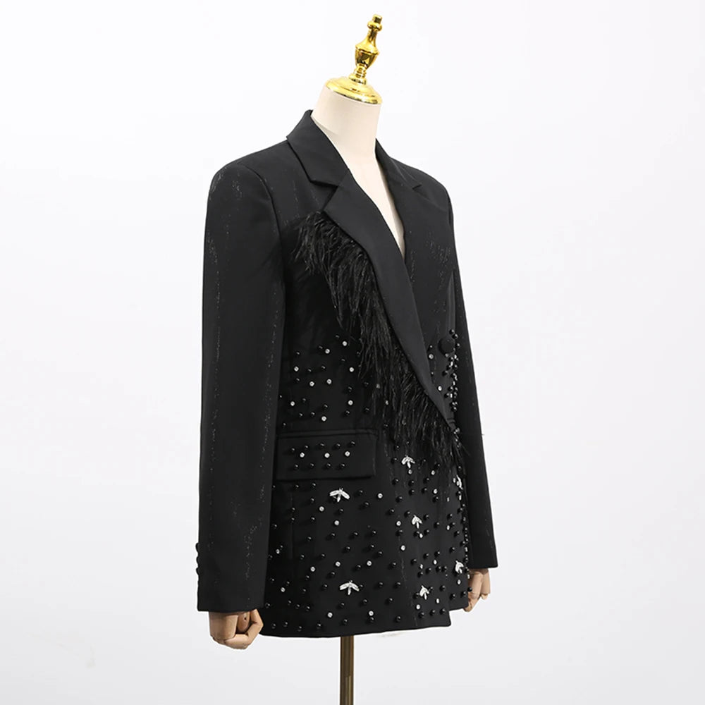 Solid Spliced Bead Luxurious Jackets for Women Lapel Long Sleeves Patchwork Single Breasted Jacket Female Clothing