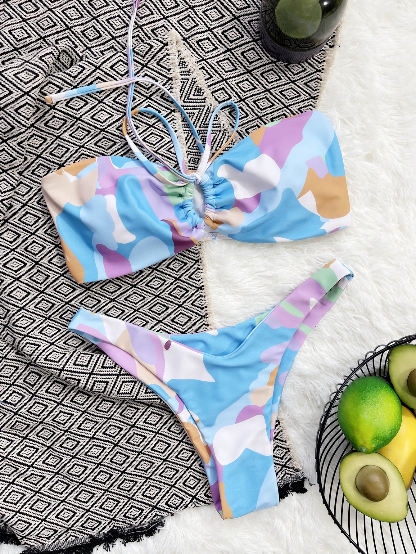 Print Bandeau Bikinis Set Swimsuit - Lace-up Thong Swimsuit for Women Sexy Bikini