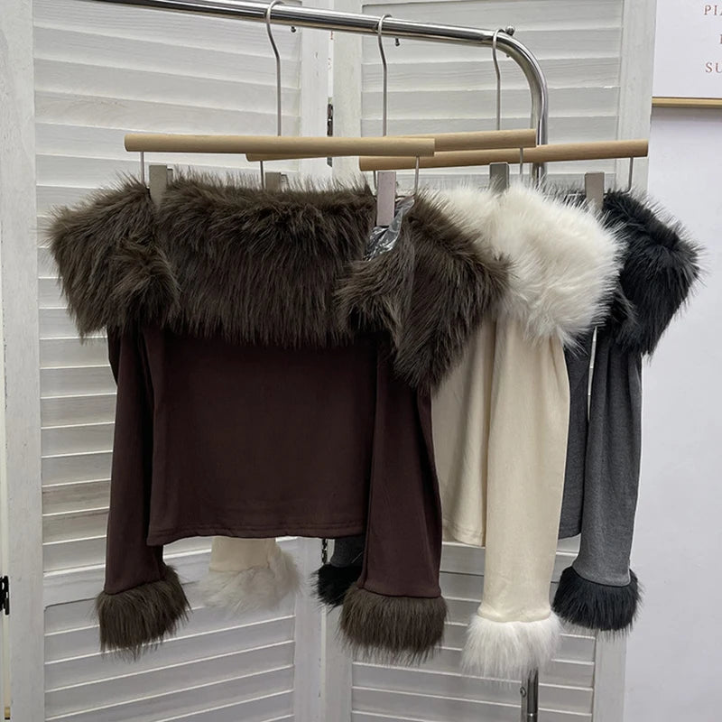Spring New Fashion Off-Shoulder Furry Patchwork Long Sleeve Base Shirt For Women Slim Fit Decorative T-Shirt 11A07919