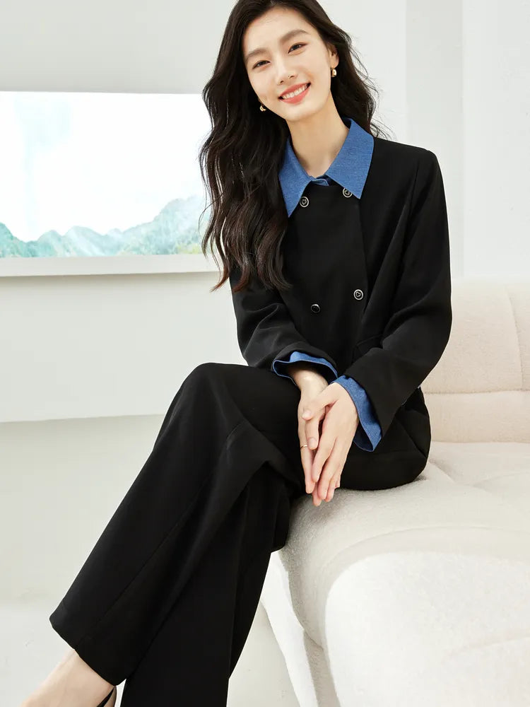 Workwear Women's Autumn Outfits Patchwork Short Jacket Wide Leg Pant Sets for Women Two Piece New in Matching Set Black