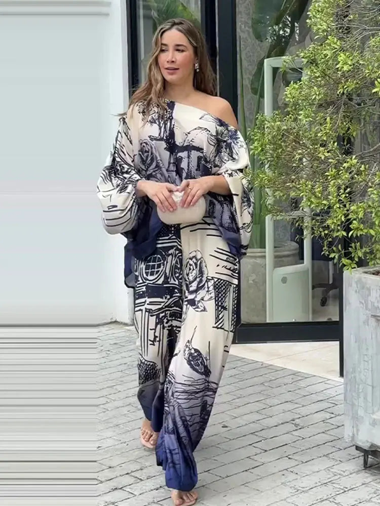 Elegant Satin Blue Print Pants 2 Piece Sets Women Fashion lantern Sleeves Shirt Wide Leg Pant Suits Loose Causal Streetwear