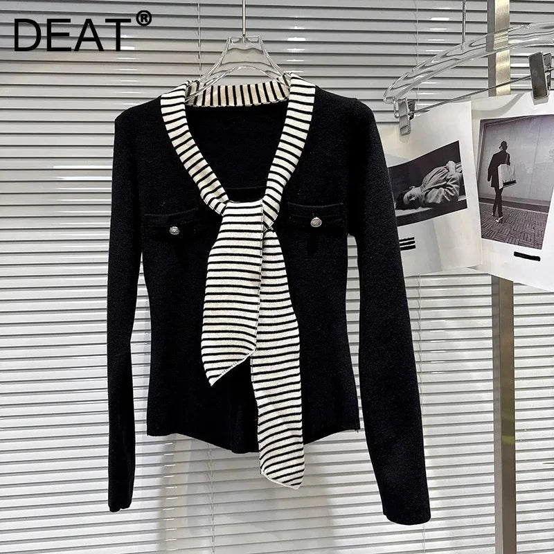Winter New Fashion V-Neck Striped Tie Scarf Stretch Knitted Sweater For Women Versatile Slim Fit Cardigan 11A07931