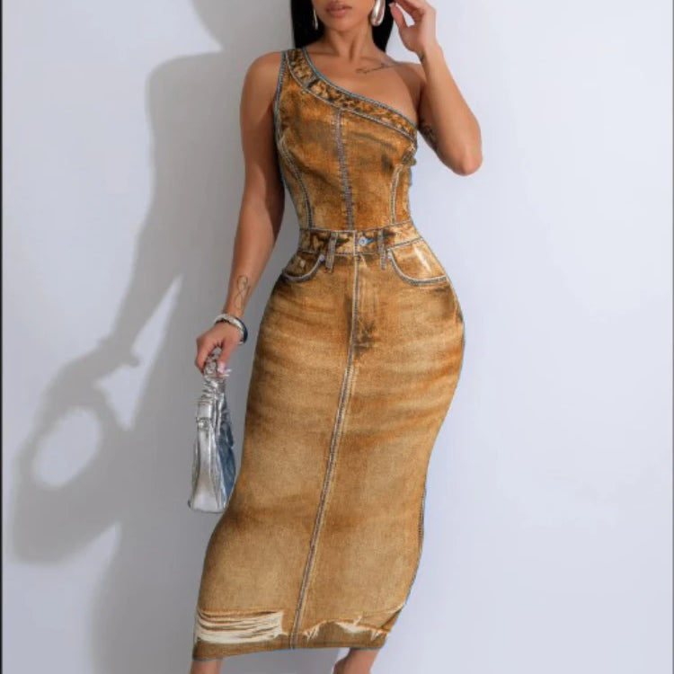 Women Fake Jean 3D Printed One Shoulder Sleeveless Bodycon Midi Maxi Dress 2024 Club Sexy Party Long Dresses Vestido