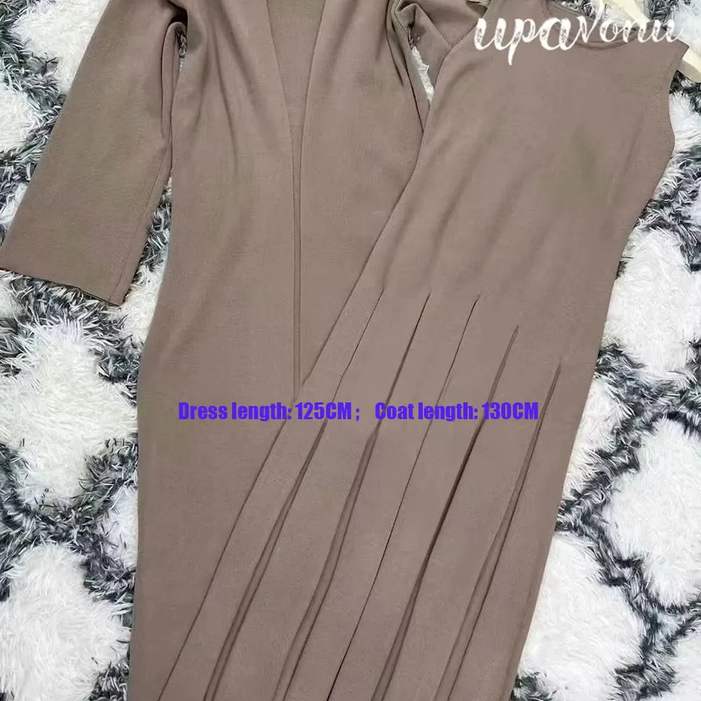 2024 Elegant Women'S Knitted Sweater Dresses Sets With Cardigan Long Jacket+Bodycon Pleated Long Knitted Dress Two-Piece Set