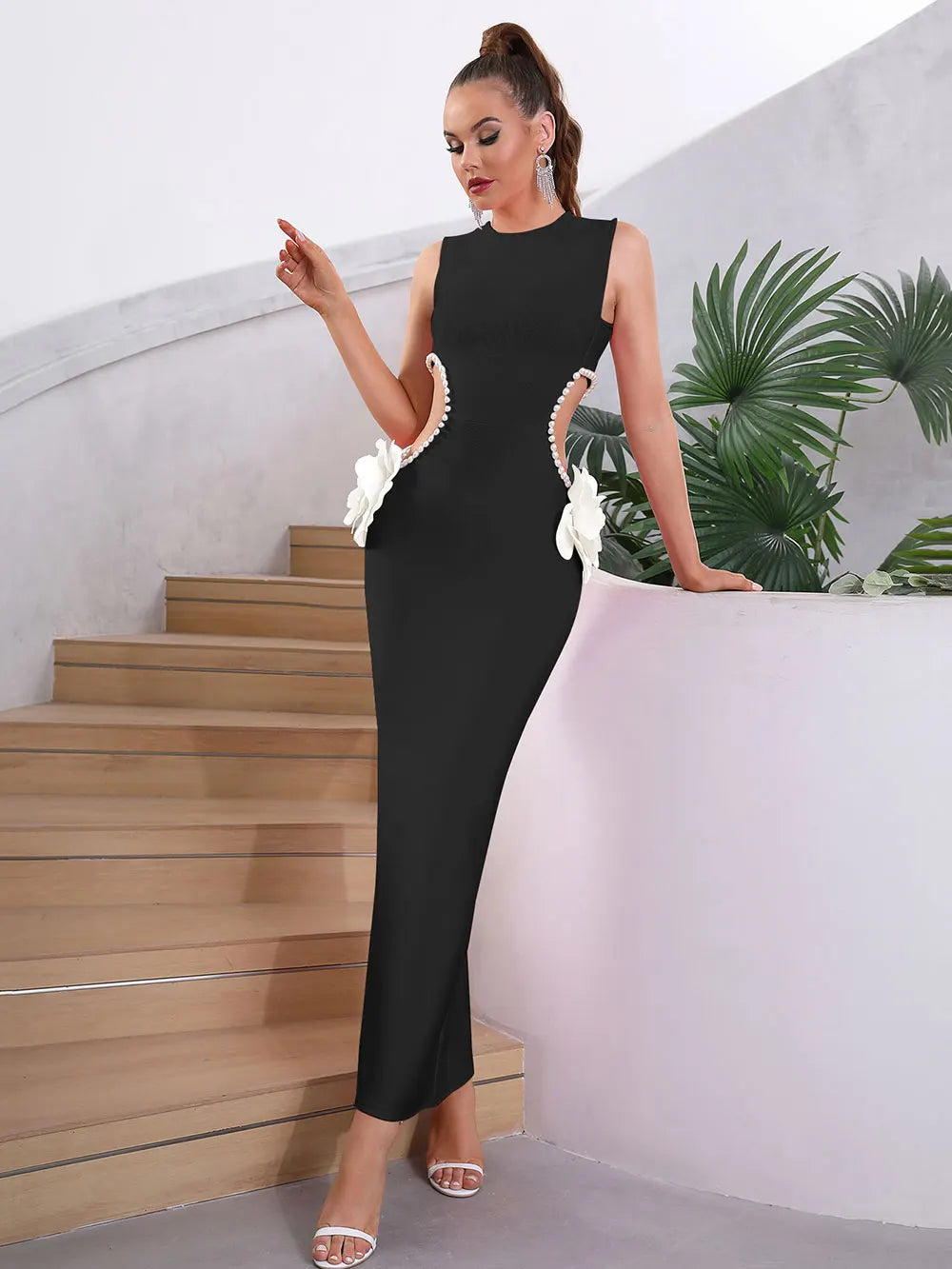 2024 Sexy Women'S Waist Exposed Pearl Flower Design Bandage Dress O-Neck Sleeveless Bodycon Long Dress Christmas Party Vestidos black