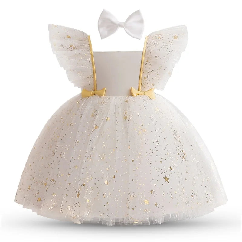 Princess tutu Kids Dresses For Girls Clothes Tulle Children New Year Carnival Dress Birthday Wedding Party Prom Costume 1-5Yrs white