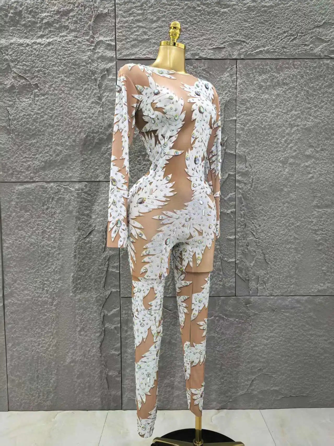 Wholesale Women Sexy Long Sleeve Shinning Rhinestones Bodycon Jumpsuit Celebrate Nightclub Party Performance Costume Stage Wear