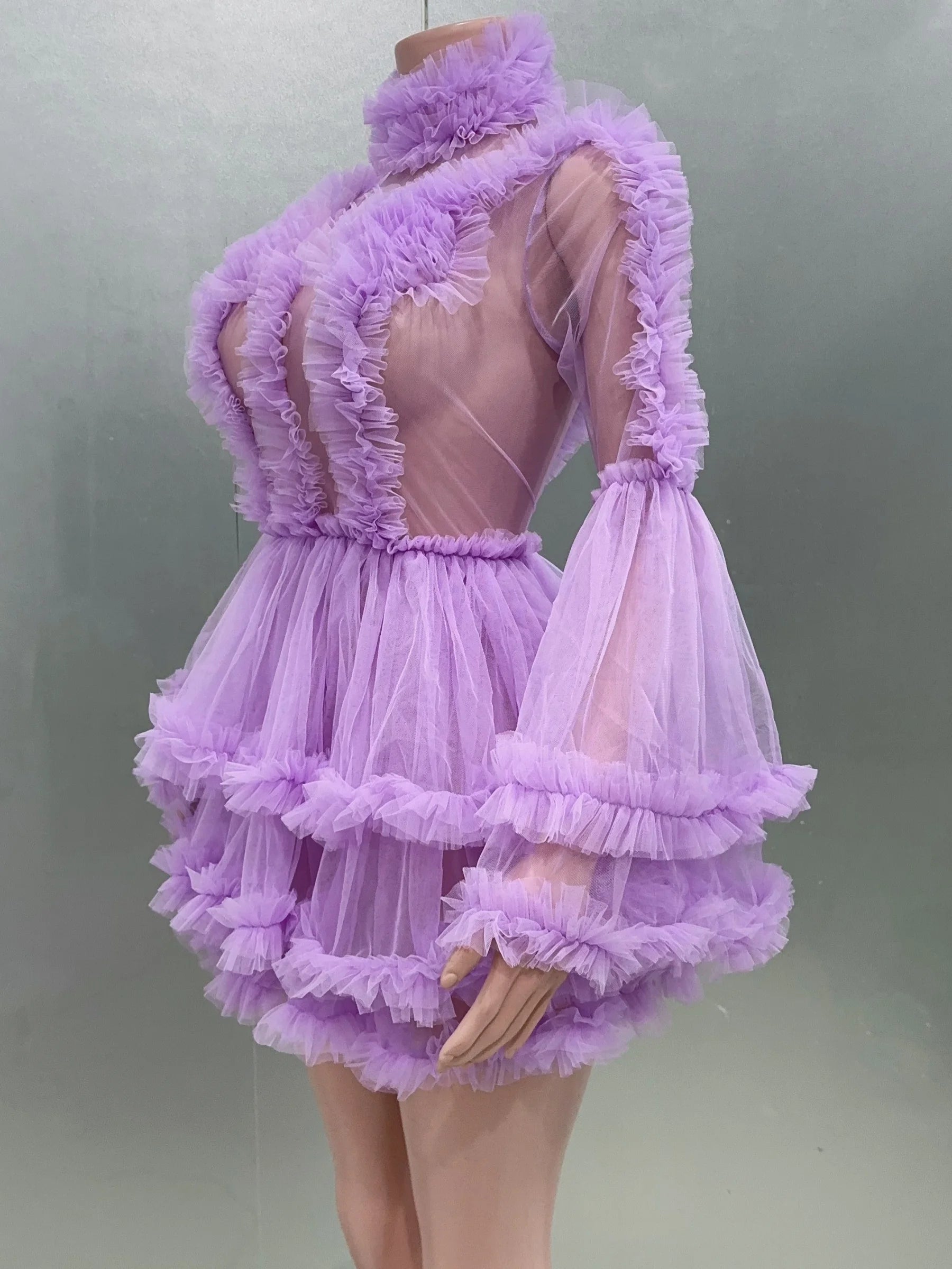 Purple Color Women Sexy Puff Sleeve Mesh Ruffles Mini Dress Birthday Celebrate Party Girls' Photo Shoot Wear Vestido