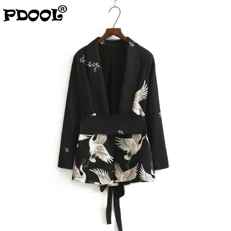 Spring/Autumn Women Vintage Clothing Set Printed Blazer Wide Leg Retro Pant Female Bird Outfit Suits Women's Office Lady