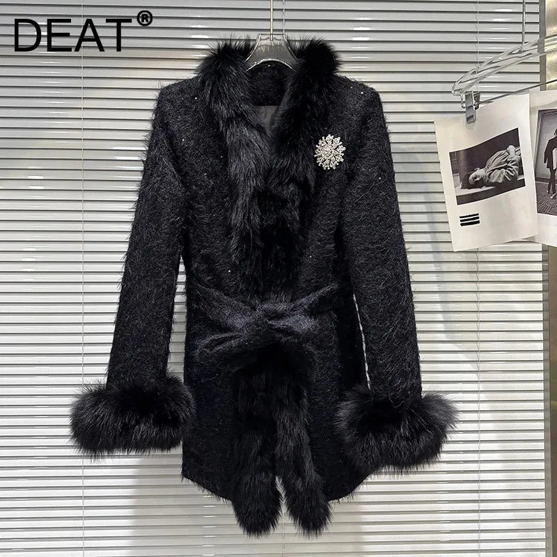 Winter New Fashion Diamond Fox Fur Collar Waist Belt Cotton Coat For Women Lace-up Waisted Jacket Female 11A07796