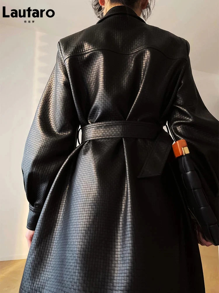 Lautaro-Women's Black Leather Shirt Jacket, Long Sleeve, Belt Pockets, Single Breasted, Loose, Casual, Luxury, Korean Fashion