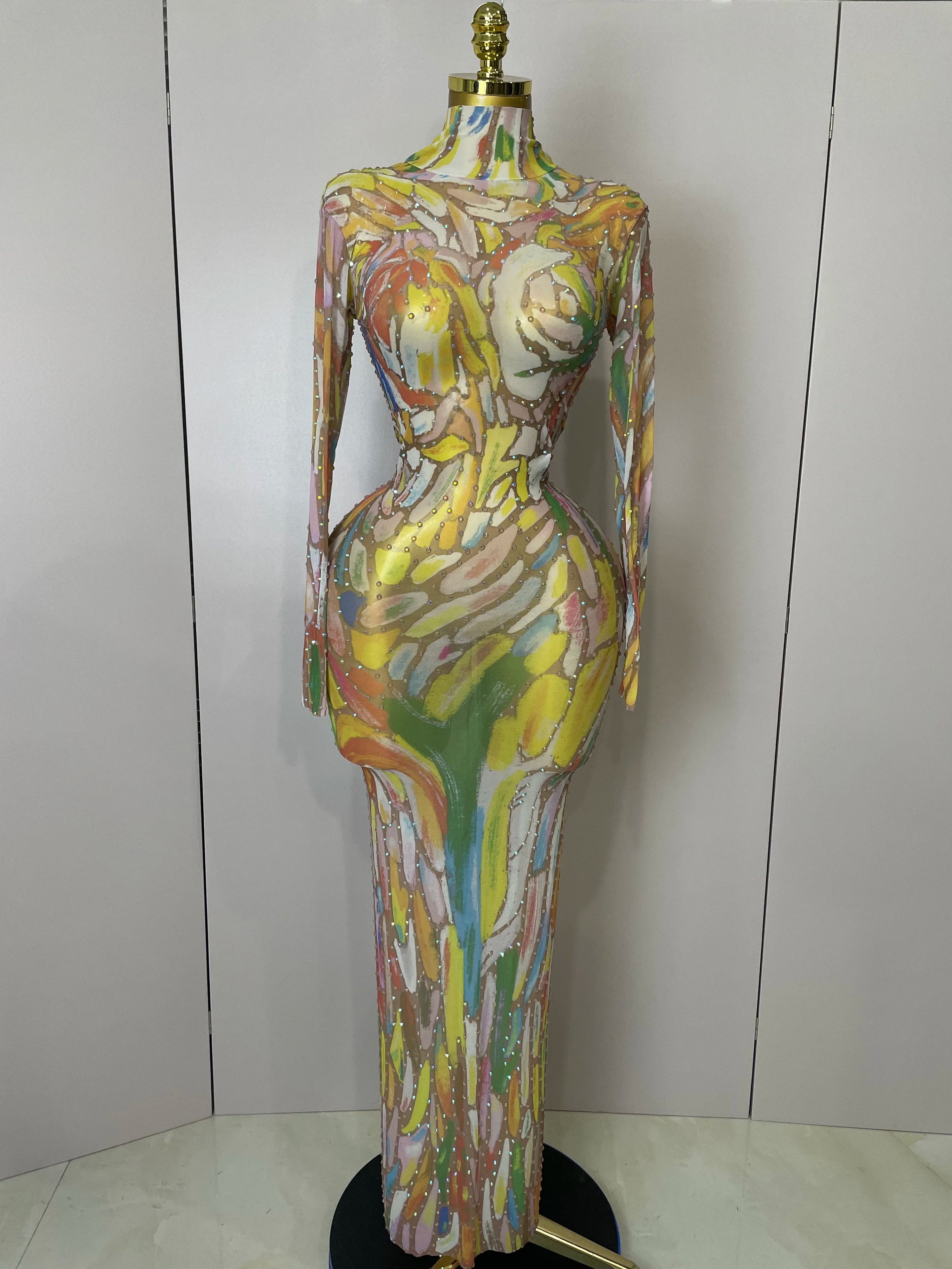 Sparkle Rhinestone High Neck Colorful Printed Long Dress 2025Women Sexy Evening Birthday Celebrate Stage Performance Costume MULTI