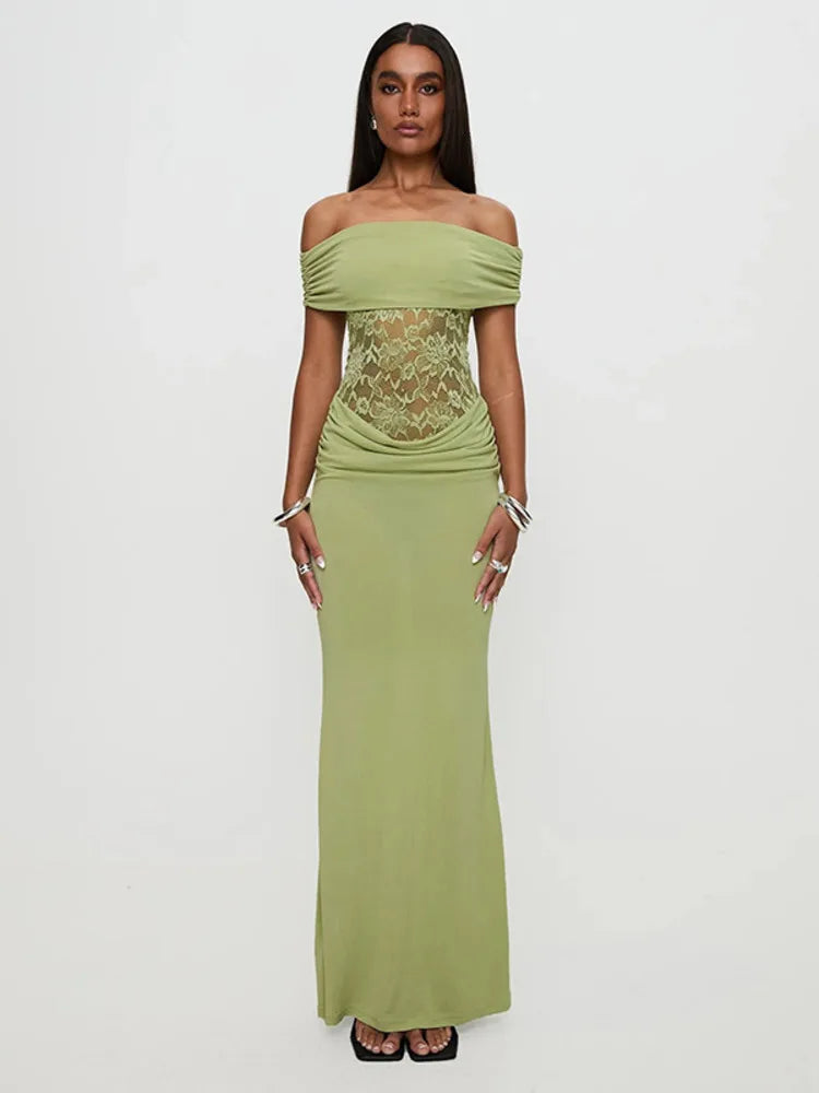 Off-shoulder Strapless Sexy Maxi Dress For Women Green Lace Sheer Sleeveless Backless Bodycon Club Party Long Dress