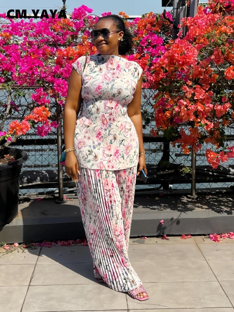 CM.YAYA Women Set Floral Print Short Sleeve Pleated T-Shirt + Wide Leg Pants 2025 Street Sexy Two 2Piece Sets Outfits Tracksuit