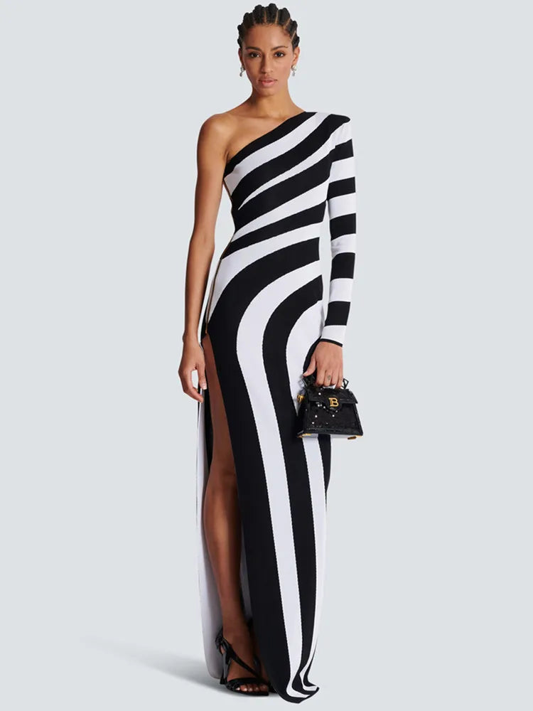 Women Celebrity Sexy One Shoulder Striped Jacquard Maxi Long Split Bodycon Bandage Dress 2024 Elegant Evening Club Party Dress black