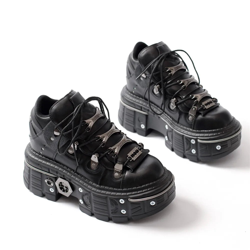 2025 Fashion Women Ankle Boots Woman's Thin Heels Round Toe Lace-Up Metal Decoration Sneakers Ladies Rivet Punk Gothic Rock Shoe