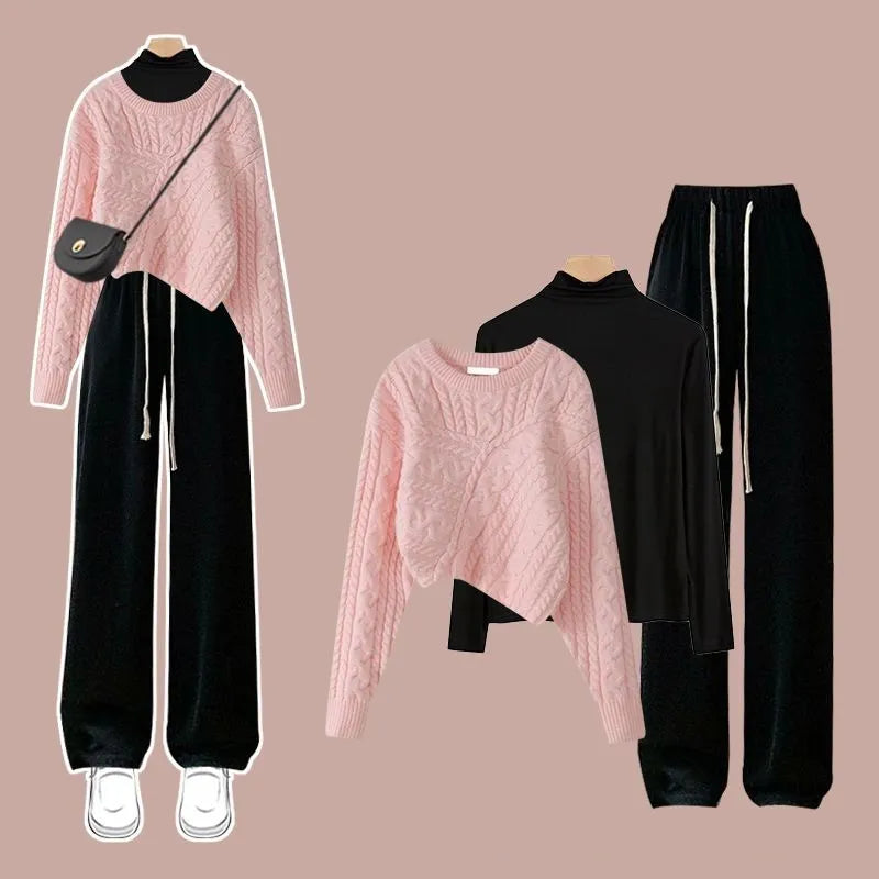 Women's Autumn Winter Suit 2024 New Fashion Knitted Sweater Undershirt Casual Pants 3 Piece Korean Elegant Trousers Matching Set Set 03