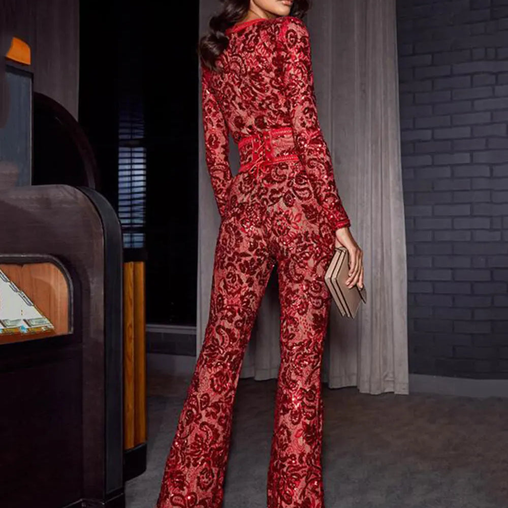 2025 Women'S Light Luxury Sequin Patchwork Bandage Jumpsuit O-Neck Long Sleeved Waistband Flared Jumpsuit Pants Party Jumpsuit