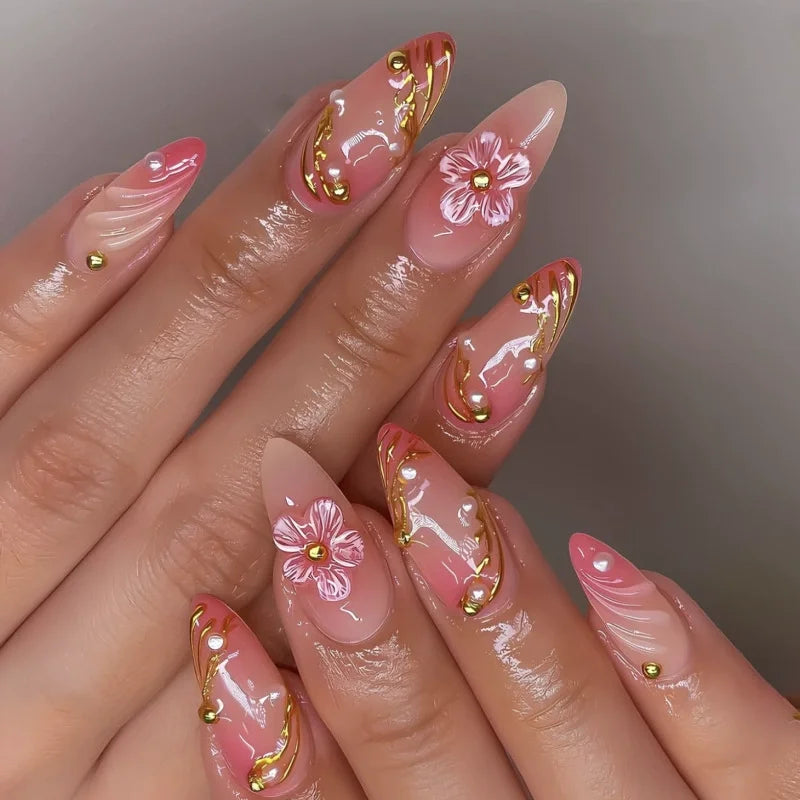 24Pcs 3D Pink Flower Wearable Nail Set Short Almond False Nails French Pearlescent Peach Pink Pearl Diamond Nail with Jelly Glue 3
