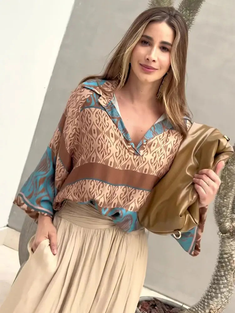 Women Loose High Waist Pant Print V Neck Long Sleeves Top 2 Pieces Sets Spring Summer Casual Street Female Outfits NEW