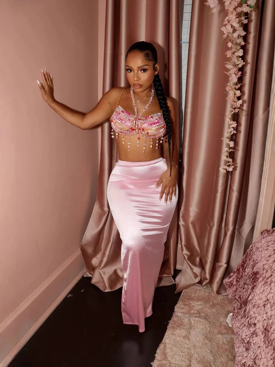 CM.YAYA Vintage Women Satin Bodycon Long Pencil Maxi Long Skirt 2025 Summer Sweet Holiday Beach Street INS Fashion OL Skirts