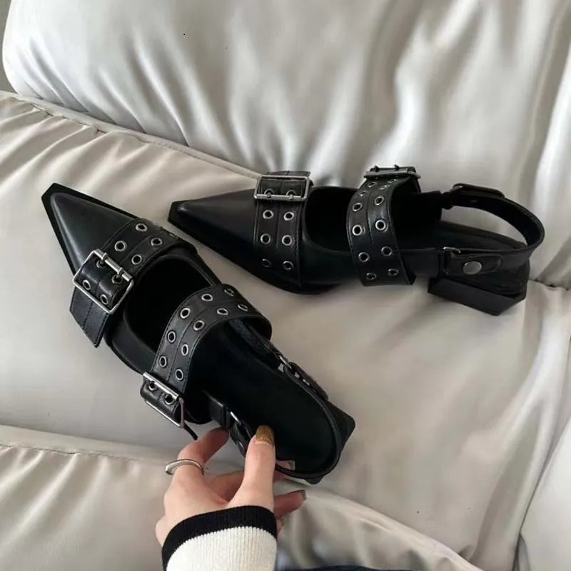 Shoes Gothic Chunky Heels Women's Pumps Rivet Street Style Medium Heel Punk Vintage Casual Sandals black