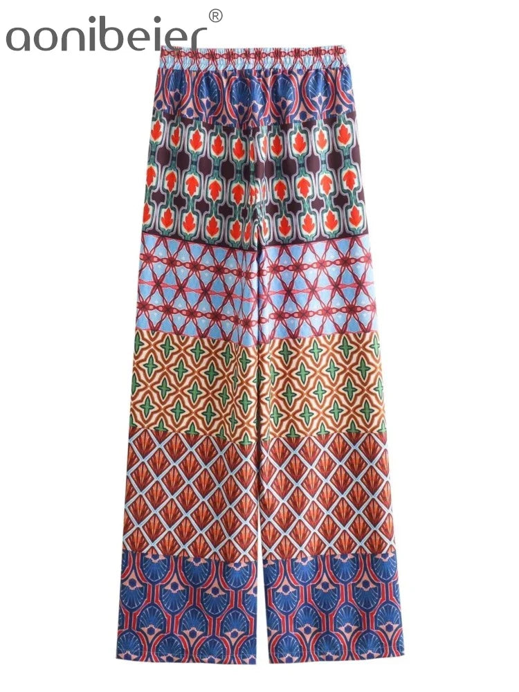 Aonibeier Printed Women Slim Shirt Wide Pants Suits Traf Summer Flare Sleeve Knot Front V Neck Crop Top Female Sets Y2K Outfits