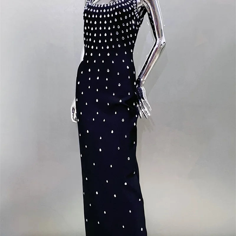 Top Quality Women Sleeveless Sexy O-Neck Shinning Crystal Bodycon Bandage Long Dress Evening Party Celebrate Cocktail Outfit