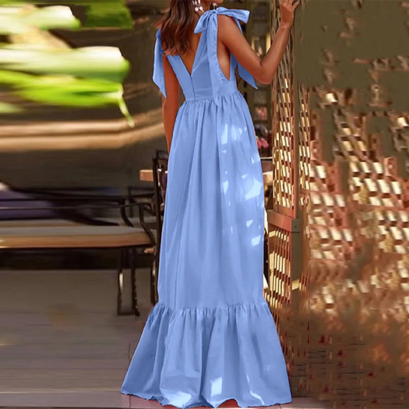 New Summer Women Sexy Deep V-Neck Sleeveless Long Party Dress Mopping Multicolor Patchwork Ladies Dress Streetwear Dropshipping