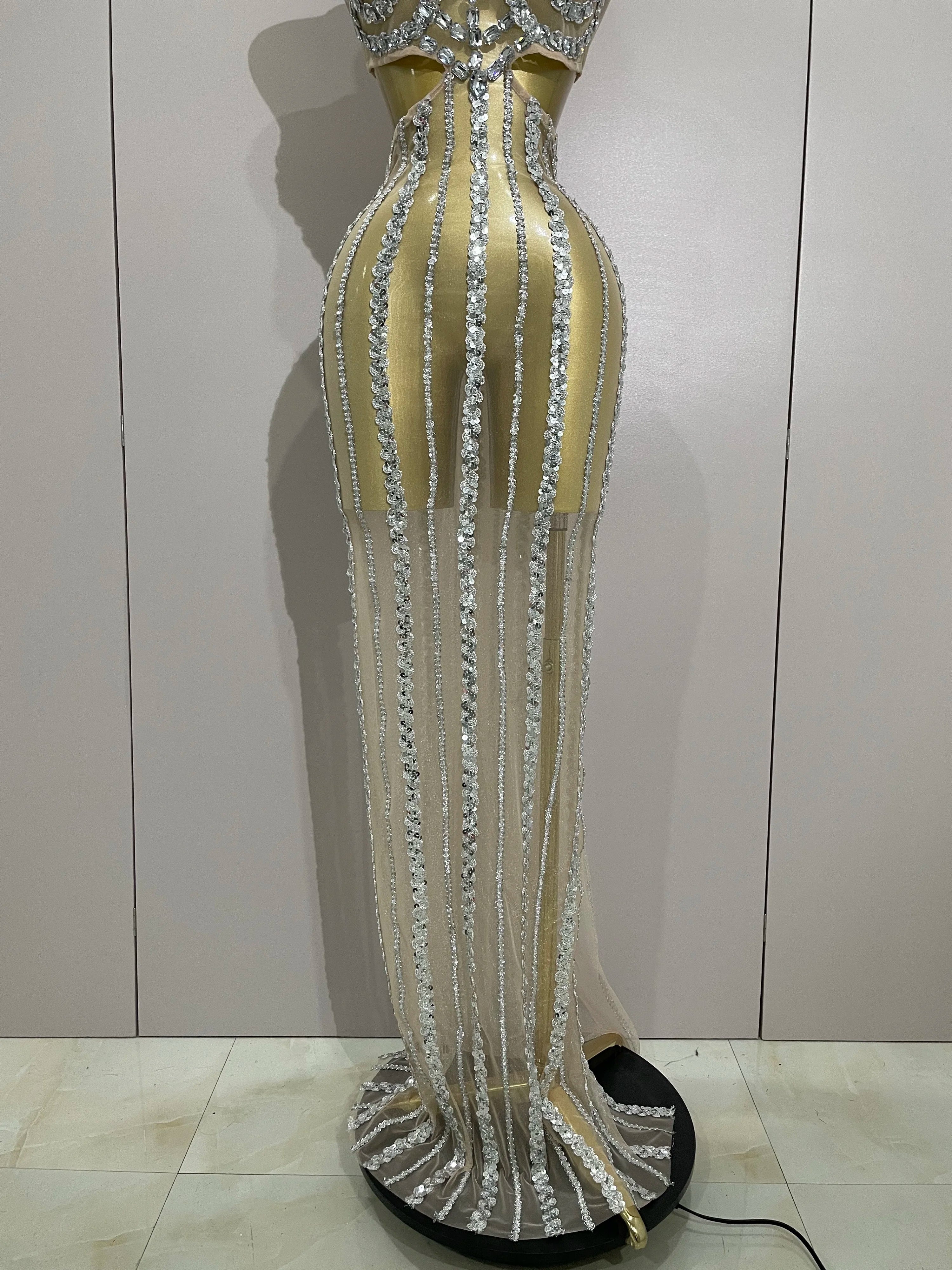 Luxury Sparkly Diamonds Sequins Sexy Mesh See Through Long Dress 2025 Women Celebrate Birthday party Dresses Festival Costume