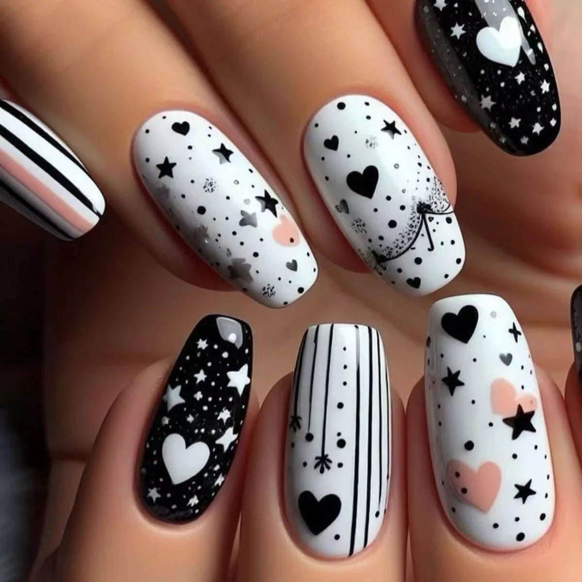 24Pcs Mid-length Press on Nails Black White Valentine's Fake Nails Glitter Love Stripe French Nails Tips Wearable False Nail Art 2