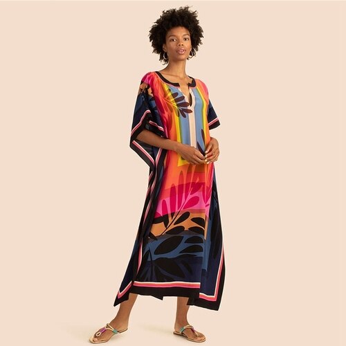 Printed Kaftans Beach Cover Up Seaside Maxi Bohemian Dresses Beachwear Pareo 15 One Size