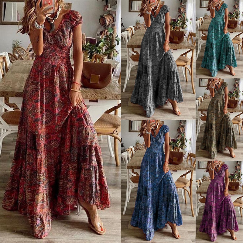 Vintage Long Dresses Women Summer Floral Print Bohemian Beach Sundress Woman Retro V Neck Big Swing Party Maxi Dresses