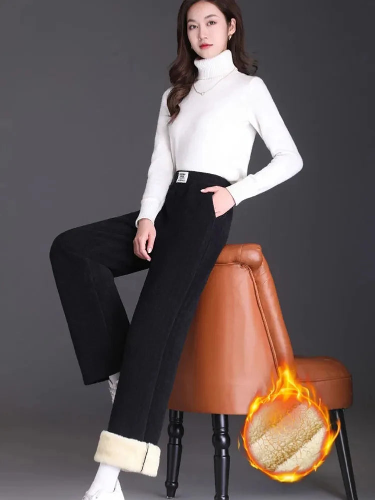Winter Fleece Lined Wide Leg Pants CasualThicken Warm Baggy Sweatpants Women HighWaist Korean Lamb Fluff Straight Pantalones