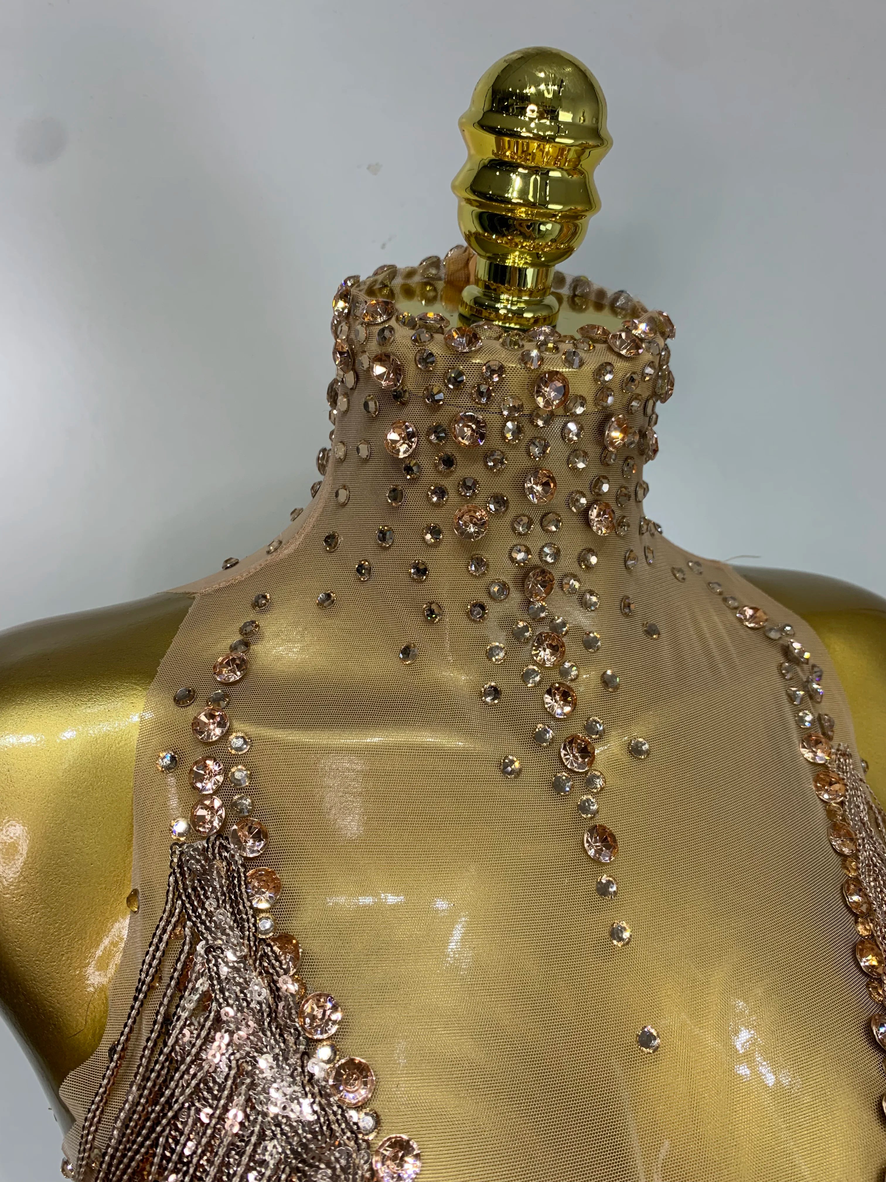 Women Sexy Stretch Mesh Sparkly Rhinestone Tassels Mini Dress Nightclub Singer Dance Stage Costume Evening Party Birthday Gowns