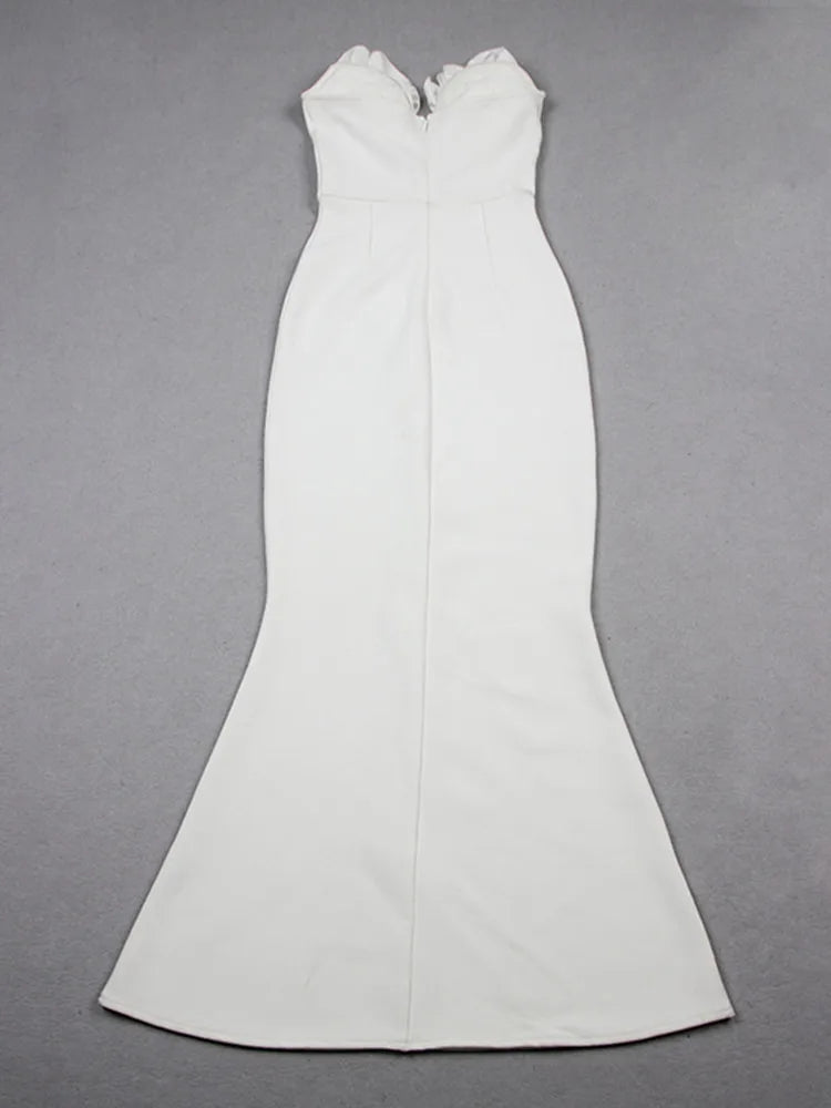 Women Celebrity Sexy Strapless Backless Beading Diamonds White Maxi Long Bandage Dress Elegant Evening Club Party Dress