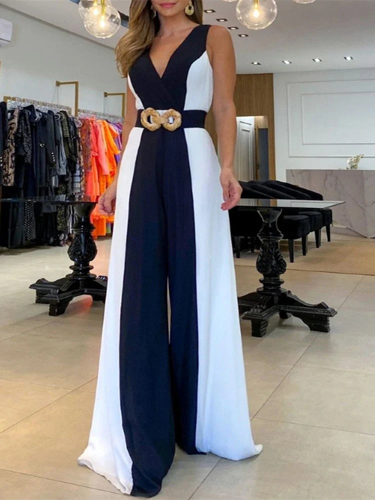 2023 Set of One Fashion Pieces for Women Outfits Geometric Print Wide Leg Jumpsuit Without Belt Casual Ropa Mujer Free Shipping