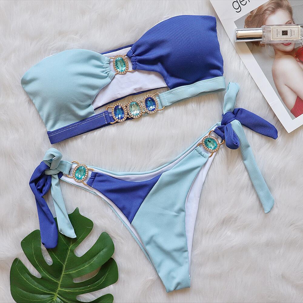 Maillot de bain Sexy, Bandeau froncé, Bikini de luxe, cristal et diamants, sans bretelles, Patchwork, vêtements de plage, d'été