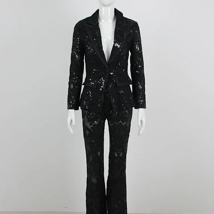 Sexy Autumn Women's Sequin Perspective Suit Pants Set with Polo Collar Long Sleeve Slim Fit Suit Coat+Flare Pants Two Piece Set