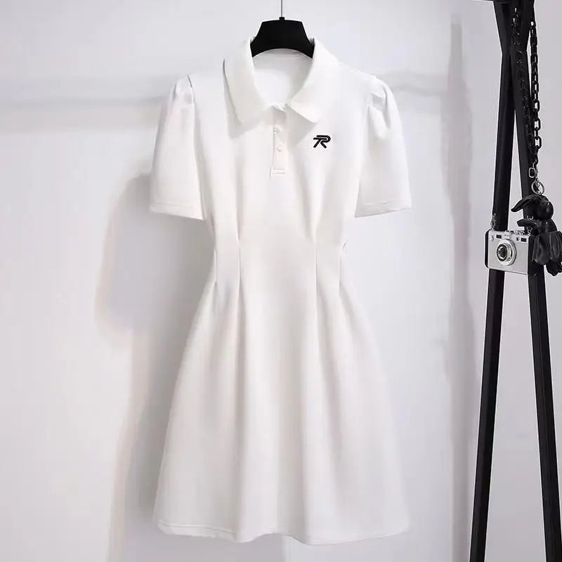 Women Preppy Style Clothing French Sporty Pink Polo T-shirt Dresses Summer New Lady Casual Embroidery Letter Solid Dress WHITE