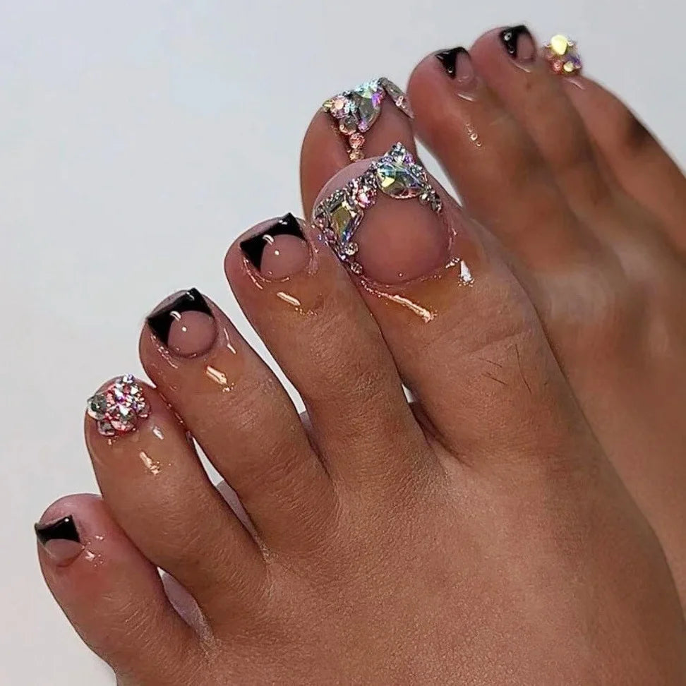 24Pcs Short Square Head Fake Nails Press on Black Edge French False Toenail Rhinestone Detachable Finished Full Cover Nails Tips T169