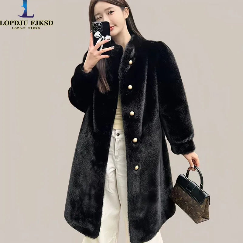 Long Faux Fur Coat for Women, Turn-down Collar, Loose Thicken Warm Teddy Jacket, Female Clothes, Winter, New, 2024