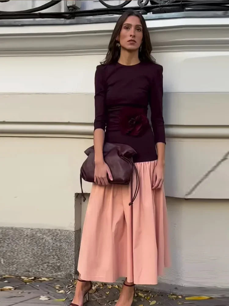 Elegant Round Collar Long Sleeve Slim Robe Women Contrast Spliced Pleated Hem Long Dress New Lady Fashion Evening Party Dresses