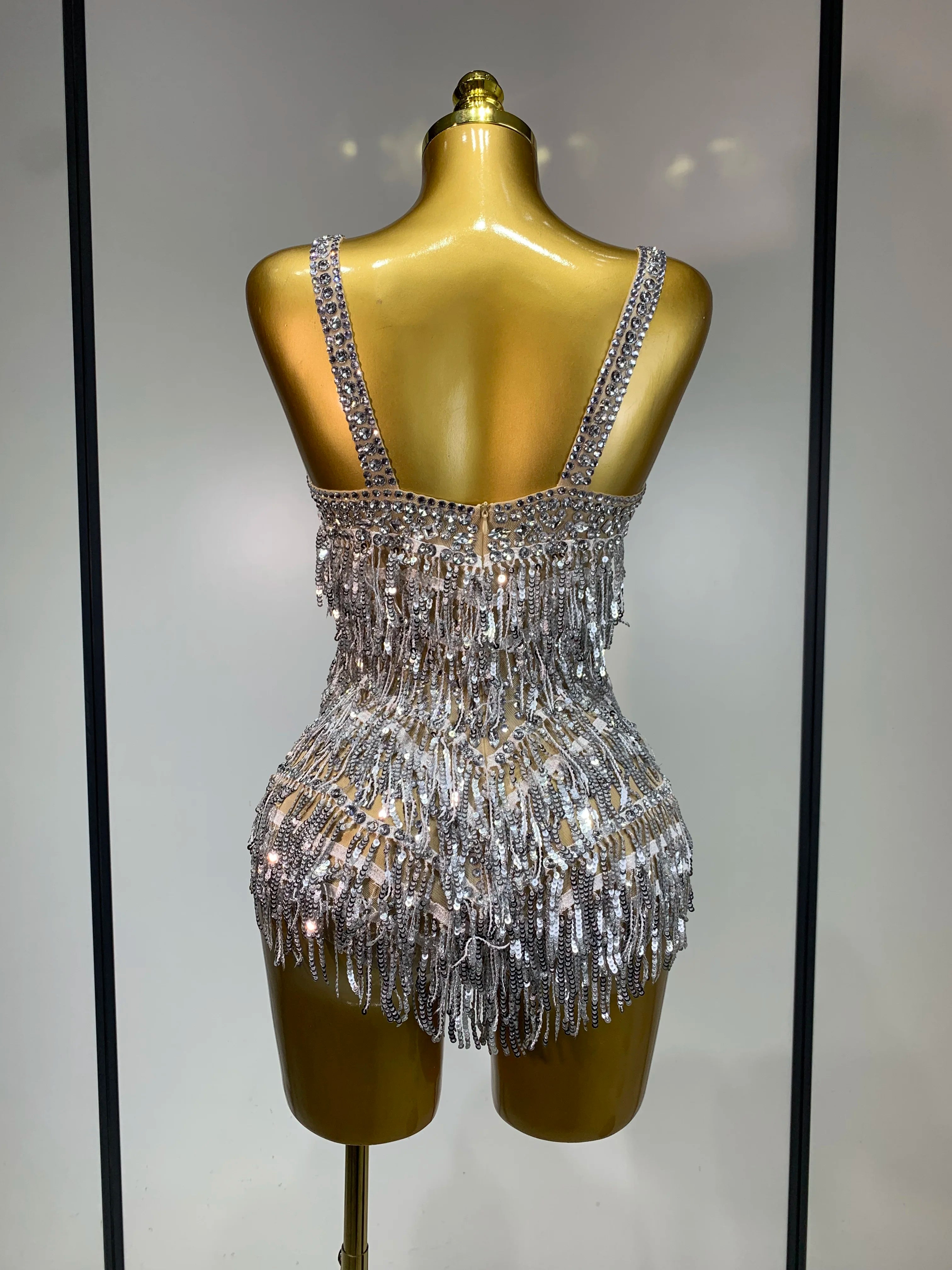 Sparkly Rhinestone Tassel Sexy Backless Mesh Bodysuit Women Luxury Birthday Party Nightclub Bar Dencer Stage performance Costume