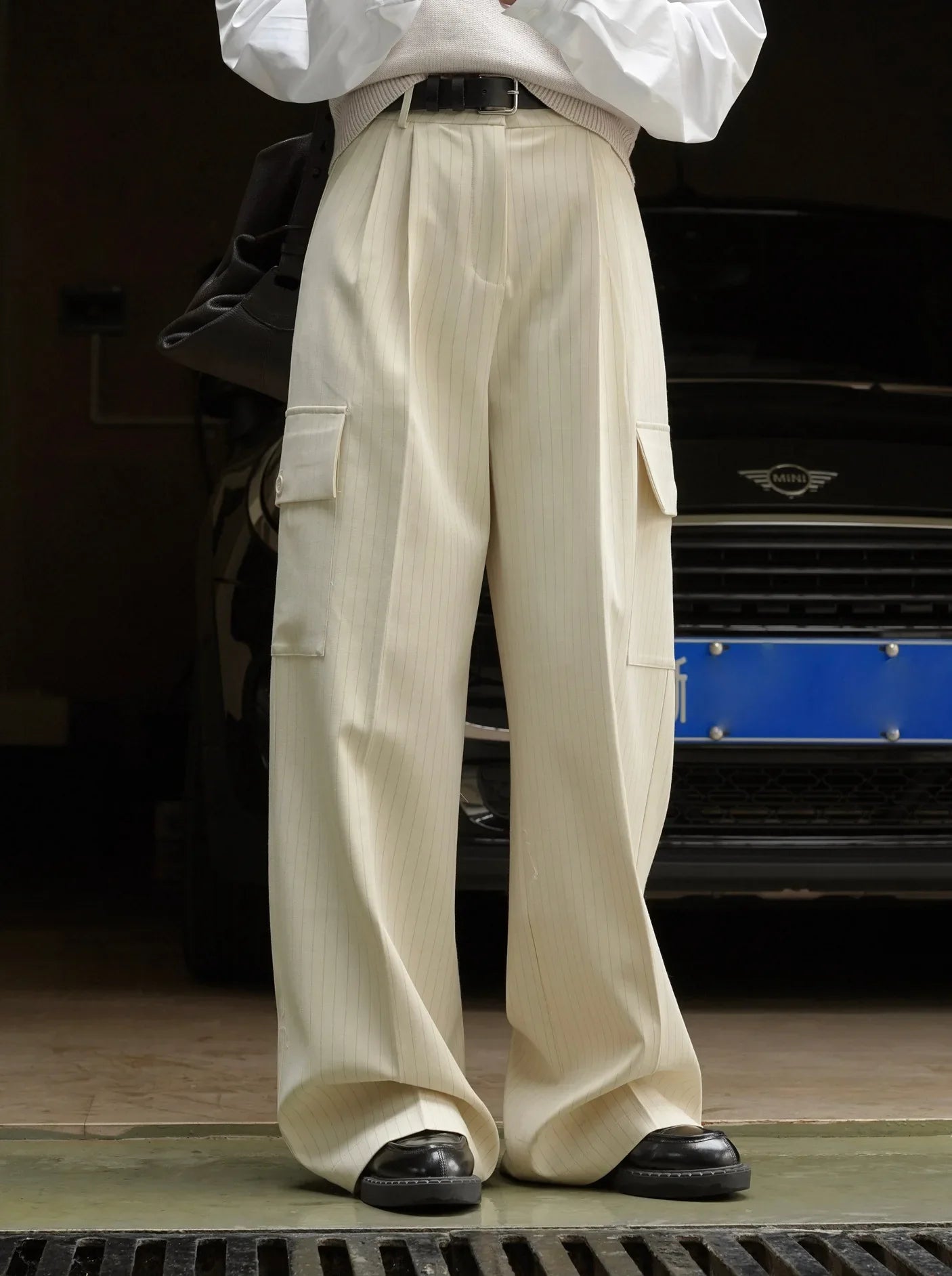 Spring and autumn women's casual striped high waisted loose pants Beige